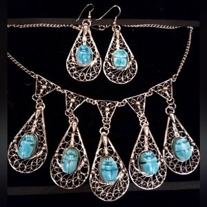 Stunning Bohemian Egyptian Scarab Necklace & Earrings set Bellydance